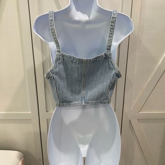 Bershka Strap Detail PinstripesBlue Denim  Zip Up Crop Top In Size Large - Picture 7 of 17